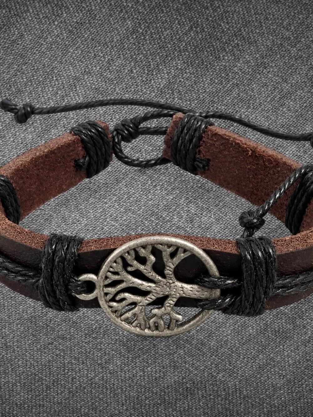 Brown Leather Tree Of Life Adjustable Cord Bracelet